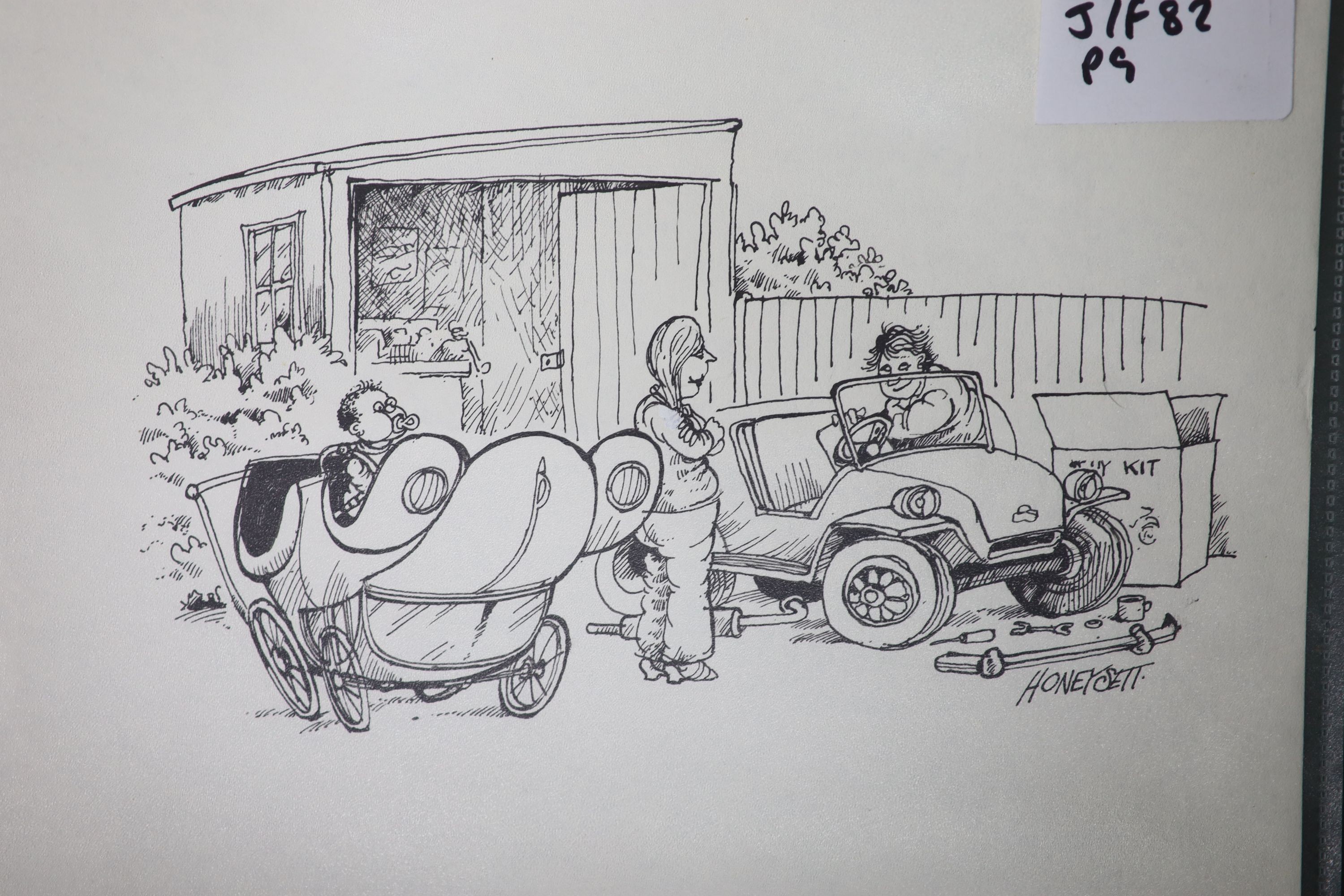 Martin Honeysett (b.1943-), four original cartoons, 'when I get my licence back..' (Kitcars Oct. 82), Kit Wit (Kitcars 1982), obstructed view (Kitcars Nov 82), and loose wheel, signed, 20.5 x 30cm, unframed.